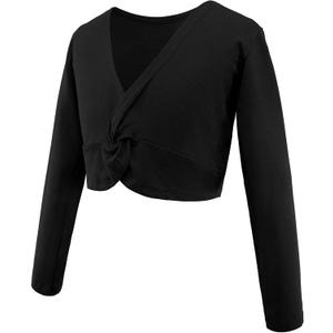 Daydance Girl's Dance Crop Tops Ballet Wrap Shrug Sweater Long Sleeve (7-8 Years, Black)