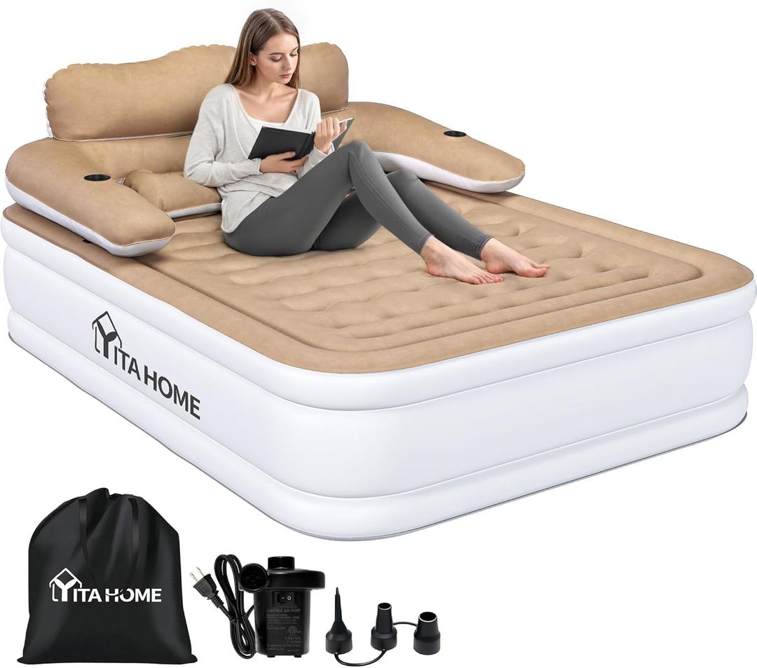 YITAHOME Queen Size Air Mattress with Headboard and Built-in Pump, 18in Blow Up Mattress with Carry Bag, Repair Kit, and Nozzles for Home, Camping, and Travel, Brown
