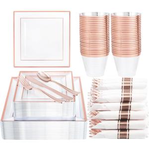 DaYammi 175 PCS Rose Gold Plastic Plates, Rose Gold Plastic Dinnerware Sets Includes: 25 Dinner Plates, 25 Salad Plates, 25 Pre Rolled Napkins with silverware 25 Cups 9 OZ, Perfect for Valentine's Day