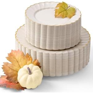 100 Pc Ivory Scalloped Plastic Plates for Party with Gold Trim | 50 Dinner & 50 Dessert Party Plates | Elegant Fancy for Wedding, Bridal Showers Special Moments (50 Guests)