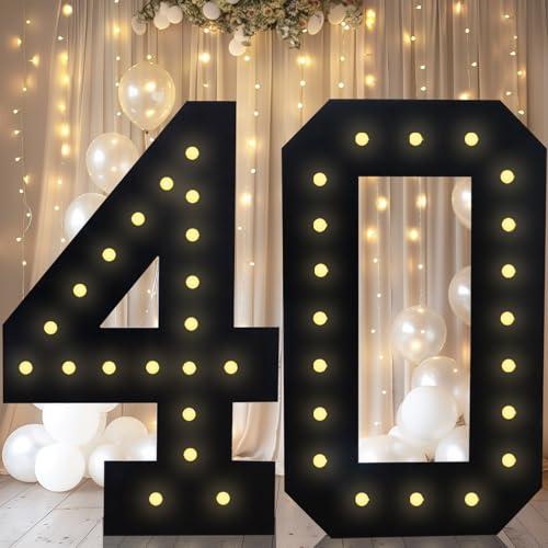 4FT Marquee Light Up Numbers, Black Giant Marquee Number Big Mosaic Number for 40th Birthday Party Decorations Backdrop 40 Anniversary Decor, Pre-Cut Frame Large Number 40