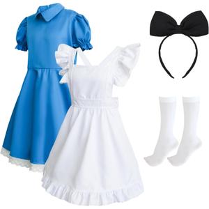 Girls Blue Dress with White Apron Headband Stockings Reading Day Outfits Set Halloween Costumes for Kid 5-14 Years (11-12 Years)