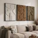 Large Framed 3D Textured Abstract Wall Art for Living Room, 3 Piece Modern Geometric Pictures Wall Decor, Neutral Minimalist White Brown Paintings for Bedroom Dining Room Hallway Office, 24x36 In