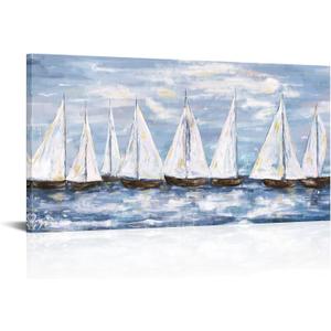 Visual Art Decor Nautical Decor Sailboat Painting Canvas Wall Art Prints Framed Blue Nautical Living Room Bedroom Decor 24x48 inch