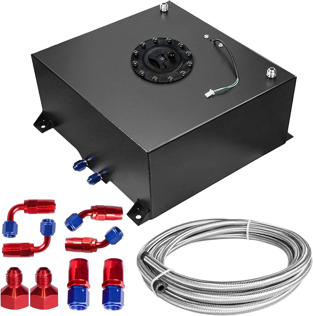 Universal 15 Gallon 60L Fuel Cell Polished Aluminum Fuel Tank with Cap/Level Sender/12FT Oil Feed Line Black