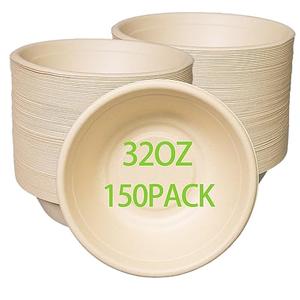 emlifepak 32oz Disposable Salad Bowls 150Pack, Big Paper Bowls, Large, Heavy-Duty, Eco-Friendly, Bulk Pack, Compostable Bowls, Biodegradable Made of Sugar Cane Fibers,Perfect For Salad