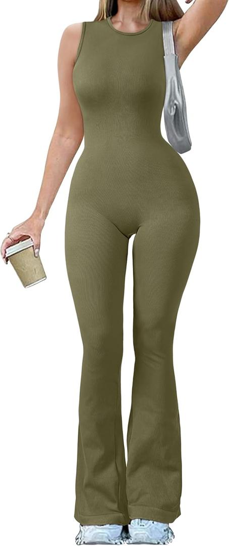 OQQ Women Yoga Jumpsuits Ribbed Crew Neck Sleeveless Bell Bottoms Flare Jumpsuits (Large, Sauerkraut)