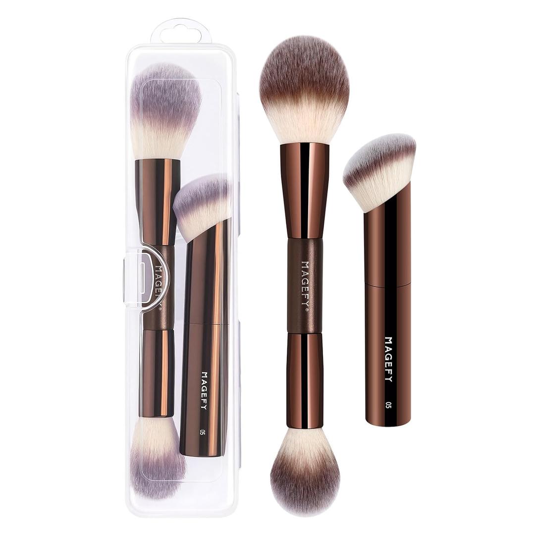 Foundation Makeup Brushes, MAGEFY 2Pcs Double Ended Makeup Brush Foundation Brush for Liquid Makeup Blending Powder Concealer Cream Blush Buffe (Coffee Brown 01)