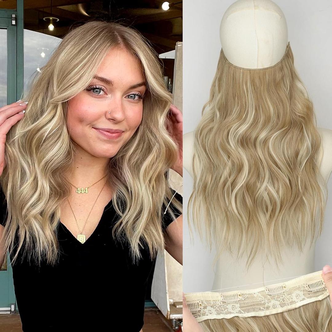 KooKaStyle Invisible Wire Hair Extensions with Transparent Wire Adjustable Size 4 Secure Clips 16 Inch Long Wavy Secret Hairpiece(Dark Ash Blonde mix Light Blonde Highlights)