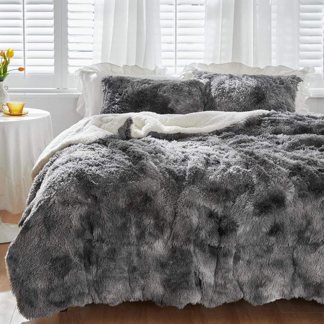 Luxury Faux Fur Shaggy Comforter Set Full/Queen Size, Plush & Sherpa Reversible Comforter Tie Dye Black, 3 Pieces Fluffy Fuzzy Bedding Set Ultra Soft and Warm for Winter (1 Comforter + 2 Pillowcases), Queen 86"x86"