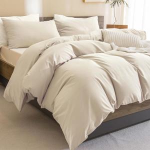 Sanracie Queen Size Comforter Set, Washed Cotton Linen Feel Bedding Comforter Sets 3 Pieces(1 Solid Wheat Colored Comforter +2 Pillowcases) Soft Lightweight Aesthetic Bedding Sets Queen All Season