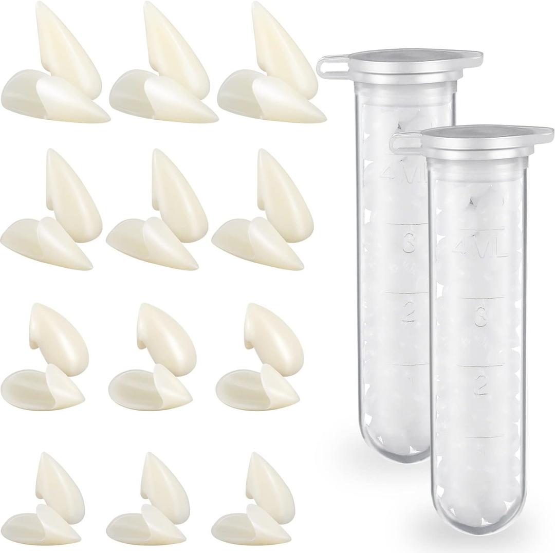 Zhanmai 12 Pairs Vampire Teeth Costume 4 Size Fake Fangs with 2 Tooth Pellets for Cosplay Props Halloween Party Accessories Masquerade Dentures Makeup Dress up Favors