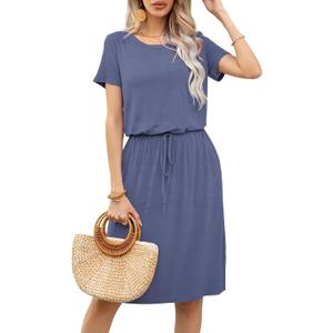 levaca Womens Summer Casual Dress Belly Drawstring Beach Coverup Short Sleeve 2025 Outfit Midi Sundress with Pockets (L)