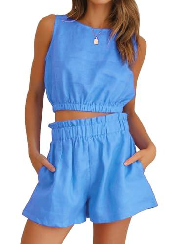 FANCYINN Women Summer 2 Piece Short Sets Sleeveless Round Neck Crop Top Tank Elastic Waistband Casual Shorts Solid Outfits With Pocket Sky Blue, S