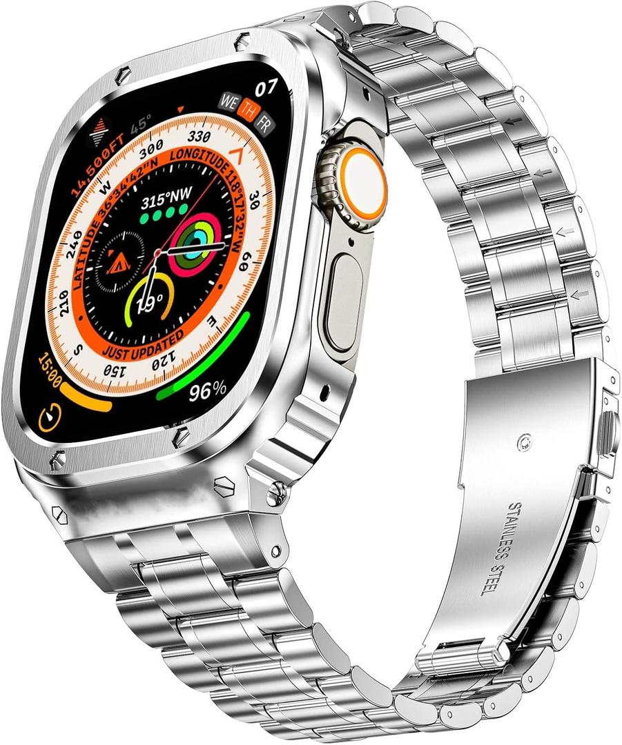 MioHHR Stainless Steel Watch Band with Case Compatible with Apple Watch Ultra 2 1(49mm),Rugged Strap with Metal Protective Bumper Cover for iWatch Band Men(Silver), Size: 49mm(Ultra 2 1）