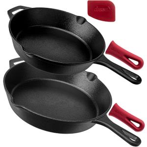 Cuisinel Cast Iron Skillets Set - 10" + 12"-Inch Pre-Seasoned Frying Pans + Removable Silicone Handle Holder Grips + Pan Scraper - Oven-Safe Cookware Kit + Accessories + Handle Helper