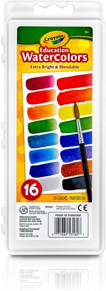 Crayola Watercolor Paint Set (16 Count), School Supplies Essentials, Washable Paint for Kids, 1 Paint Brush, Arts & Crafts, Assorted Colors, Ages 4+
