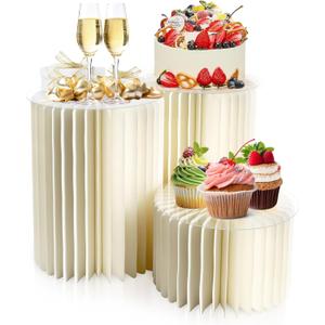 YABORAS Cylinder Pedestal Stands Set of 4, Foldable Cardboard Cylinder Pedestal for Party Dessert Cake Table Display Pillars for Wedding, Birthday, Banquet, Baby Shower Parties Decor