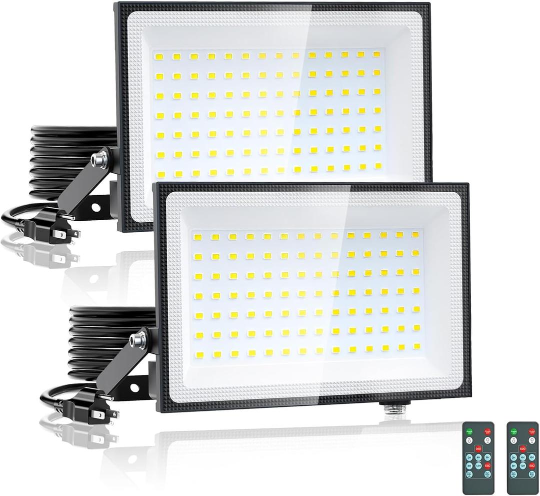 Onforu 100W Dusk to Dawn LED Outdoor Flood Light with Timer, 9000LM Adjustable Brightness Work Light, IP66 Waterproof Security Light with Plug for Yard 2 Pack