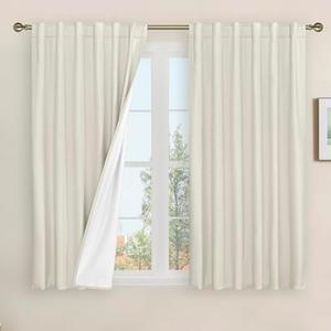LAMIT Linen 100% Blackout Window Curtains for Bedroom, 45 Inches Linen Textured Thermal Farmhouse Curtains Back Tab and Rod Pocket Window Panels with White Liner, 2 Panels, 52 x 45 Inch, Ivory