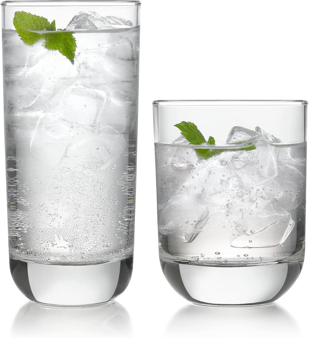 Libbey Drinking Glasses Polaris Tumbler and Rocks Set of 16, Clear, Sturdy Drinkware Glasses Set, Kitchen Glassware for Cocktails, Soda, and More, 16 Piece Set