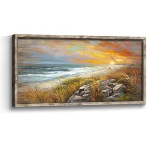 Beach Framed Wooden Wall Art: Sunset Ocean Wave Painting Print Relaxing Coastal Theme Picture Sea Grass Rocky Seascape Artwork Decor for Living Room Bedroom Office