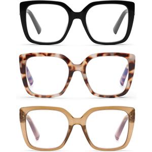 DOOViC 3 Pack Oversized Reading Glasses for Women Blue Light Blocking Square Stylish Computer Readers