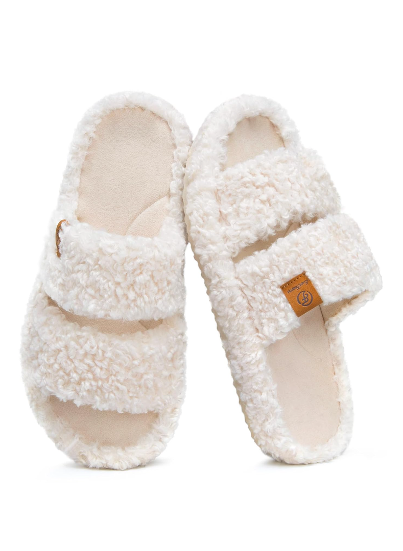 EverFoams Womens Fuzzy Open-toe Slippers Soft Comfy Memory Foam Indoor House Shoes, 9-10