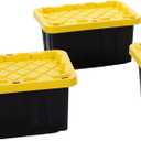 Plastic 5-Gallon Storage Tote with Lockable Lid, Stackable Tough Regular-Duty Bin for Garage, Tools, and Home Organization (4-Pack) - Black and Yellow