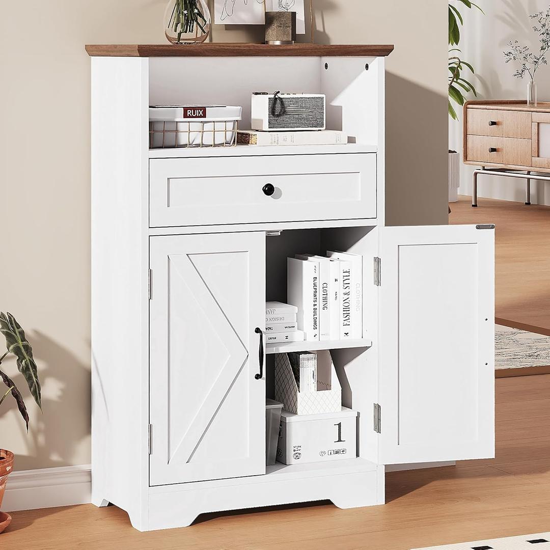 Floor Cabinet, Farmhouse Storage Cabinet with Barn Doors and Drawer, Freestanding Adjustable Shelf Organizer for Bathroom, Kitchen, Living Room White