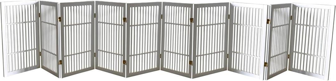 Urnporium Pet Dog Gate Freestanding, Strong Durable Folding Wooden Fence, Portable Acacia Hardwood Safety Barrier for Indoor & Outdoor Use (White Pet Gate, 10 Panel 30" Tall)