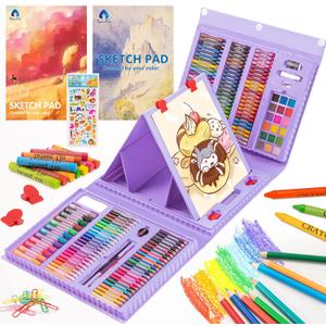 VigorFun Art Supplies, 240-Piece Drawing Art Kit, Gifts for Girls Boys Teens, Art Set Crafts Case with Double Sided Trifold Easel, Includes Sketch Pads, Oil Pastels, Crayons, Colored Pencils (Purple)