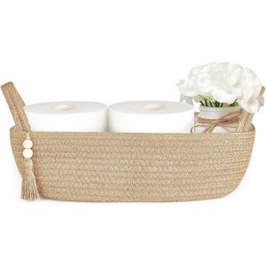 Mkono Small Storage Basket for Toilet Tank Top Boho Bathroom Decor Woven Rope Toilet Paper Tray Organizer for Shelf Bedroom Living Room, Jute, 1 Pack, 13" L x 6" W
