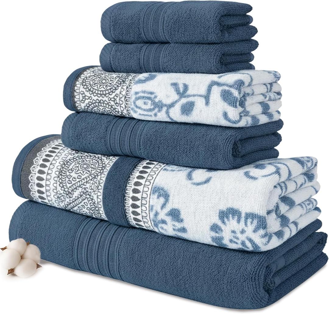 Modern Threads Ophelia 6-Piece 100% Cotton Towel Set  Reversible Yarn Dyed Jacquard & Solid  Includes 2 Bath Towels, 2 Hand Towels, 2 Washcloths  Absorbent, Quick Dry, Soft & Durable  Blue