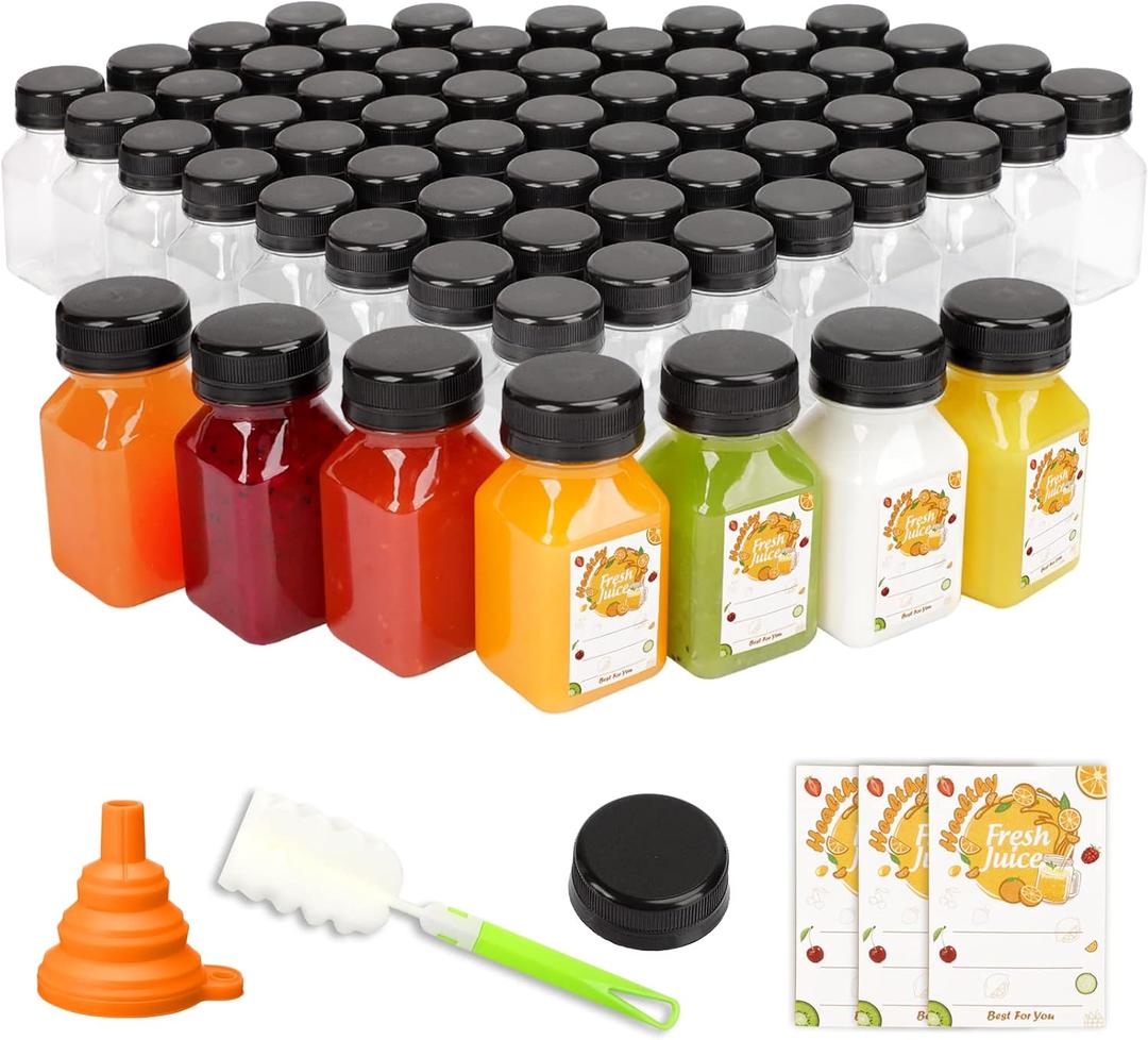 TOMNK 100pcs 4oz Juice Bottles, Reusable Small Shot Bottles with Lids, Labels, Funnel and Brush Beverage Containers for Juicing, Ginger Shots, Milk and Beverages (4 Ounce (105 Pack)