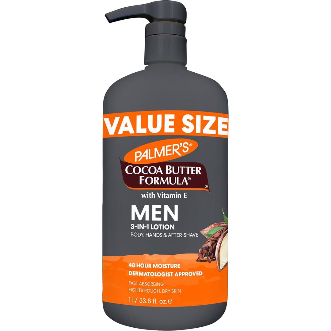 Palmer's Cocoa Butter Formula Men's Face Moisturizer & Body Lotion for Dry Skin, 33.8 oz, 3-in-1 Fast Absorbing Lotion for Men, 48-Hr Hydration with Vitamin E, Soothes Dryness, Dermatologist Approved