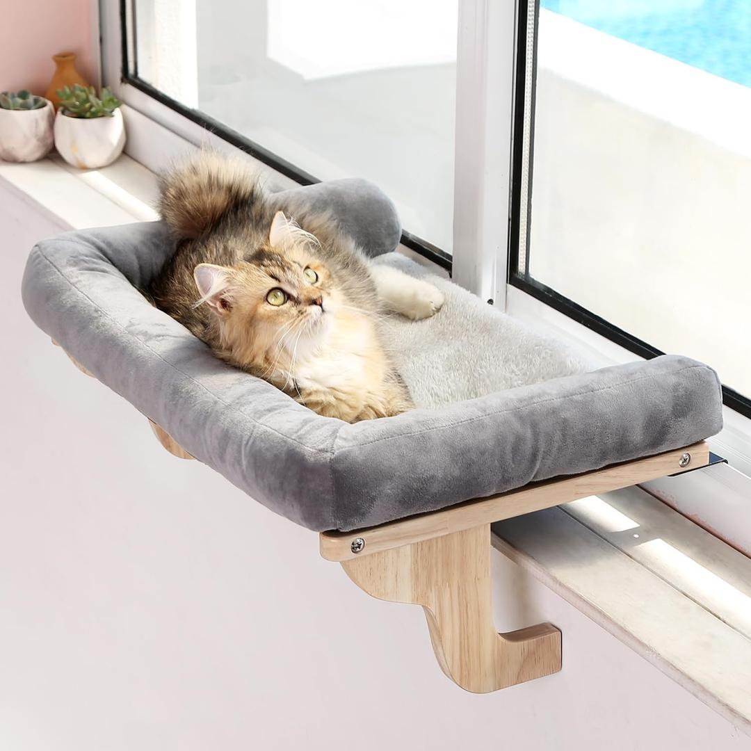 Zakkart Cat Perch for Window Sill with Bolster - Orthopedic Hammock Design with Premium Hardwood & Robust Metal Frame - Cat Window Seat for Large Cats - Natural Color Wood Gray Bed, X-Large 26.4''W