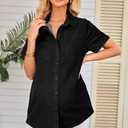 OUGES Womens Soft Stretchy Denim Shirt Summer Maternity Clothes Short Sleeve Jean Jacket Button Pregnancy Casual Coats (Black, L)