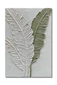 Limiyer Art Hand-painted white and green leaf texture oil painting, modern abstract art. The size is 24x36 inches. It is suitable as a wall decoration for a home office, or as an art piece for display