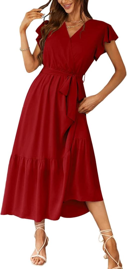 PRETTYGARDEN Women's Summer Floral Boho Maxi Dress Short Sleeve Wrap V Neck Ruffle Long Flowy Beach Wedding Guest Dresses (Large, Solid Wine Red)