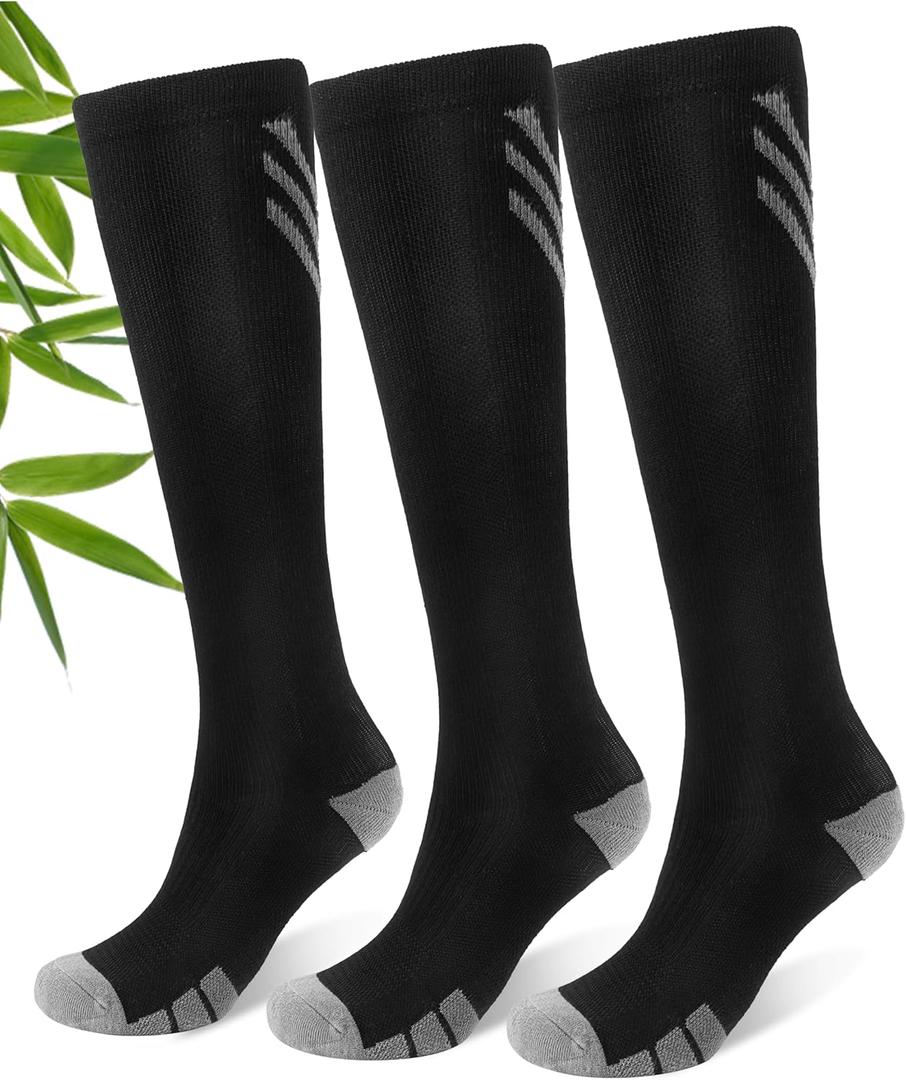 JODUCE Bamboo Viscose Compression Socks for Men & Women 3 Pairs, 15-25 mmHg Knee-High Socks Support for Flying Travel Daily（Black, S/ M）
