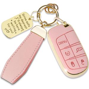 Soft TPU & Leather Key Fob Cover Compatible with Jeep Cherokee Compass Renegade Chrysler 200 300,Dodge Charger Journey Durango, with Keychain & Metal Blessing Tag (5 Button Pink)