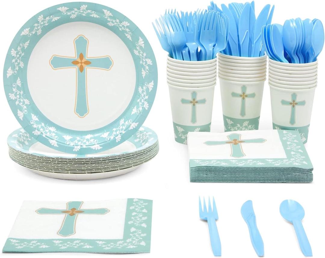 144 Baptism Decorations Party Supplies - Blue, Includes Disposable Paper Plates, Napkins, Cups, & Cutlery, For Easter Party, Baptisms, First Communion, Christening & More, Serves 24