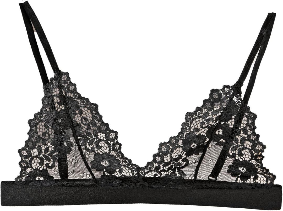 Womens Bra No Underwire Lace Unlined Demi Triangle Bralettes (Small, Black)