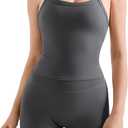 SUUKSESS Women 2 Piece Workout Sets High Waisted Tummy Control Biker Shorts Halter Padded Tank Tops (X-Small, Dark Grey)