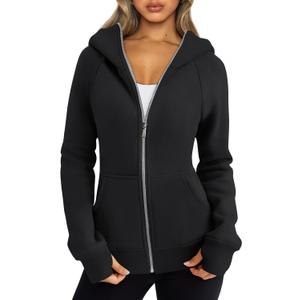 Trendy Queen Womens Zip Up Hoodies Fleece Jackets Oversized Sweatshirts Fall Fashion Outfits Sweaters Winter Clothes (Medium, Black)