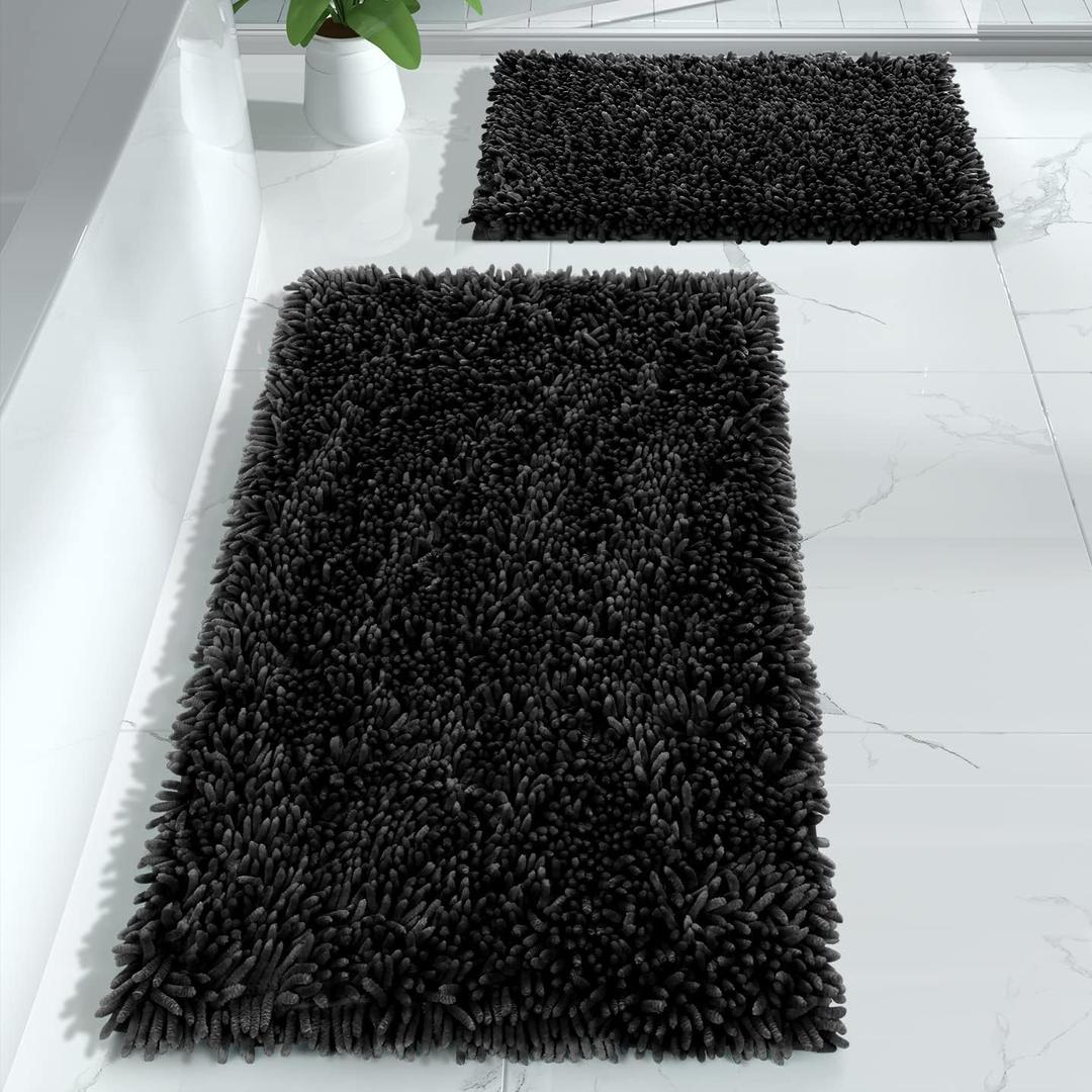Yimobra Bathroom Rugs Sets 2 Piece, Luxury Shaggy Extra Thick Bathroom Rugs, Plush Non-Slip Mats for Bath Room Floor, Machine Wash, Ultra Absorbent, 31.5 x 19.8 + 24 x 17 Inches, Black