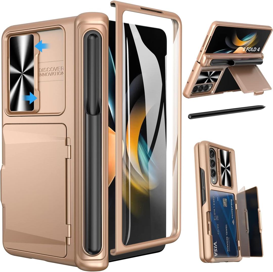 Viaotaily for Galaxy Z Fold 4 Case with Card Holder & S Pen Holder & Hinge Protection, Built-in Screen Protector & Slide Camera Lens Cover, Durable Case for Galaxy Z Fold 4 2022 (Rose Gold)