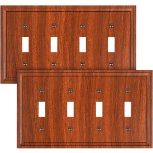 2-Pack Quad Toggle Light Switch Cover Plate, Wood Grain Decorative Switch Plate Covers, Natural Bamboo Fiber 4 Gang Wall Plate, Corrosion Resistant