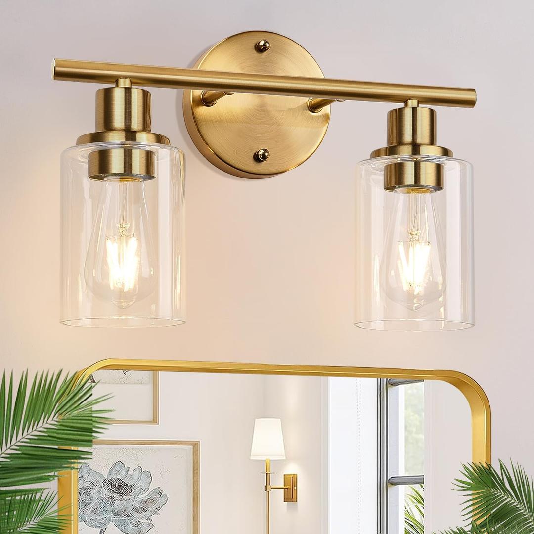 Zarbitta 2-Light Bathroom Light Fixtures, Brushed Gold Vanity Light, Modern Vanity Lights with Clear Glass Shade, Bathroom Wall Lamp for Mirror Kitchen Living Room Hallway Cabinet Porch
